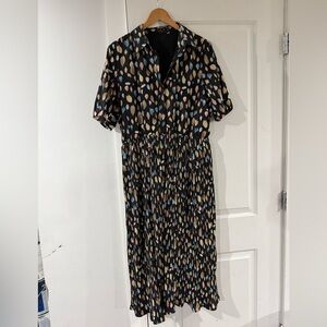 Elegant Black Multicolor Short Sleeve Midi Dress with Pleats